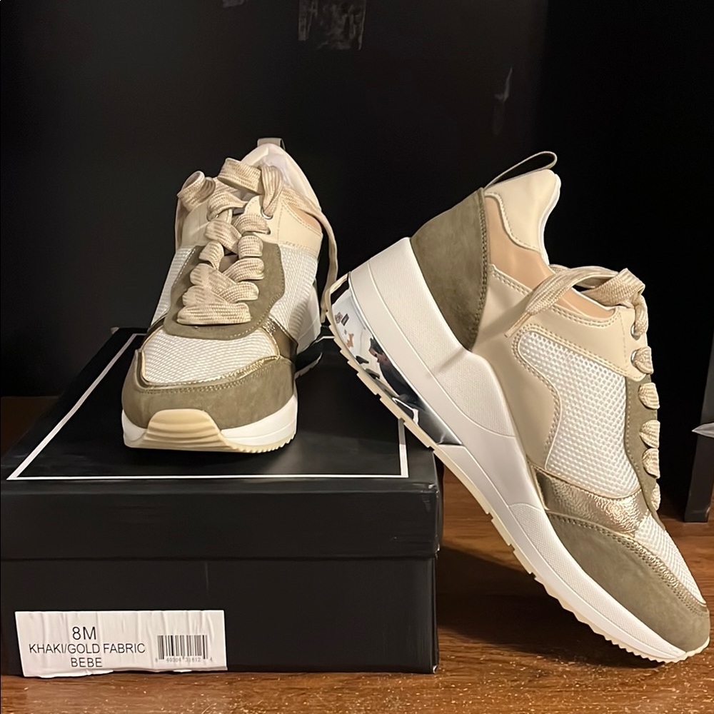 New in Box Urban Sport Bebe Gold & Khaki Platform Sneakers with Metallic Finish